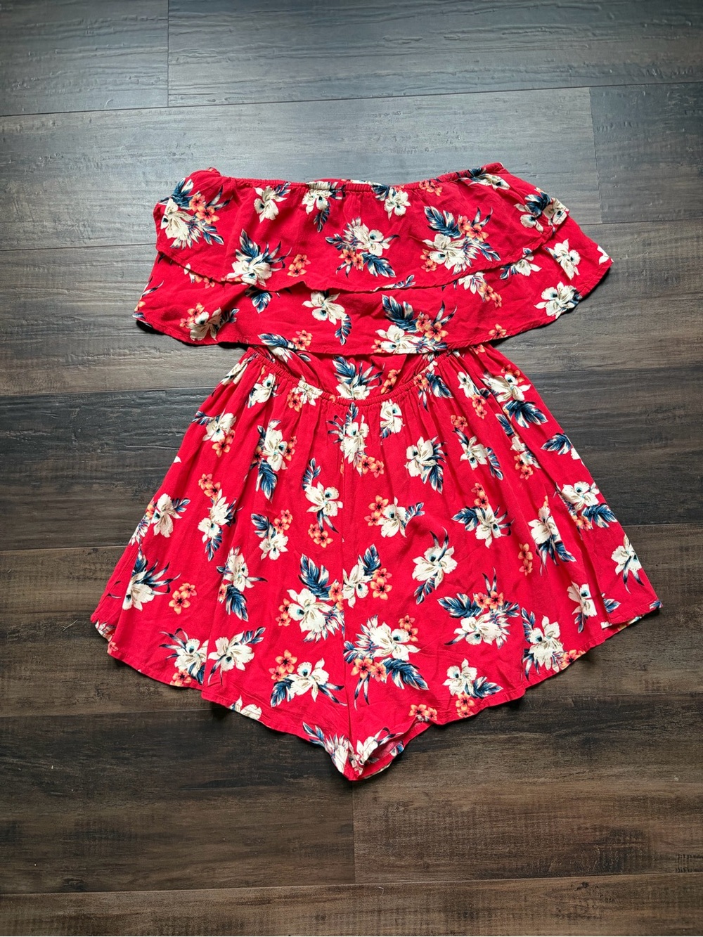Hollister Red Floral Off-Shoulder Skort Romper